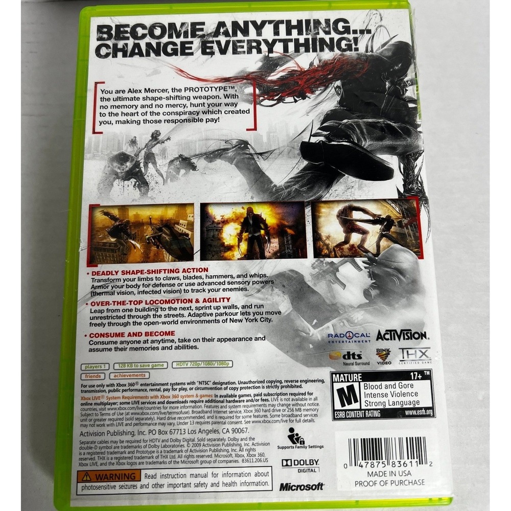 Prototype Xbox 360 Activision 2009 CIB with Manual Alex Mercer Action - Picture 3 of 3